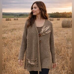 Elegant Taupe Women's Long Cardigan with Leaf Appliqué Accent